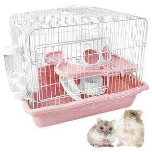 PINVNBY Dwarf Hamster Cage, Small Animal Cages, 2-Tier Travel Portable Mouse Cage Hamster Carrier with Castle House Running Exercise Wheels, Water Bottle and Food Dish（Pink）