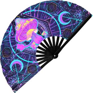 GloFX Rave Fan - UV Mushroom - Large Folding Fan - Music Festival Essential, EDM Rave Accessories, Folding Hand Fan