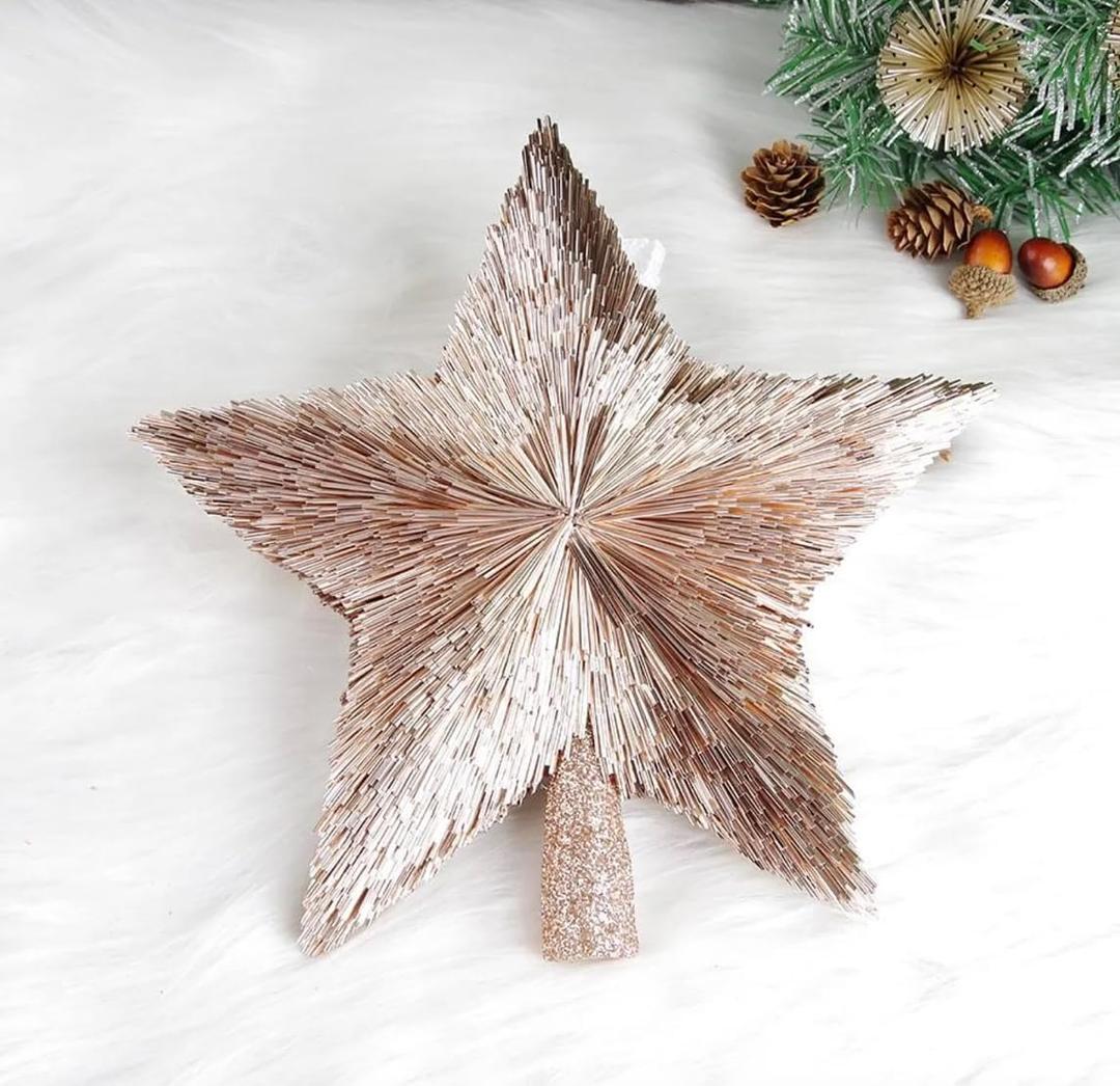10" Luxury Christmas Tree Topper - Handmade Tree Star - Rose Treetop - Elegant Stars for Medium Large Christmas Tree - Lightweight Tinsel Shiny Pink Top Star - Xmas Ornaments - Holiday Decor (10 inch)