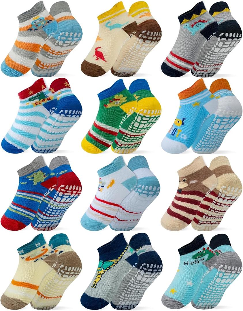 RATIVE Anti Slip Ankle Socks with Grips for Baby Toddler Kids Boys Girls (12-24 Months, 12-pairs/Animal World)