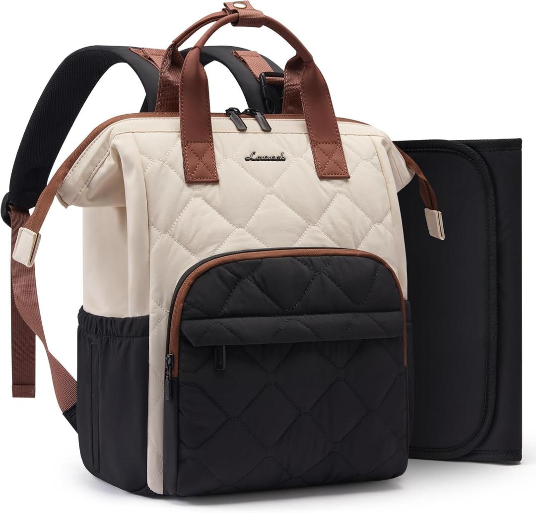 LOVEVOOK Small Diaper Bag Backpack, Mini Baby Bag for Girl Boy with Changing Pad, Diaper Backpack for Mom Dad with Stroller Buckles (Medium, Beige-Black-Brown)