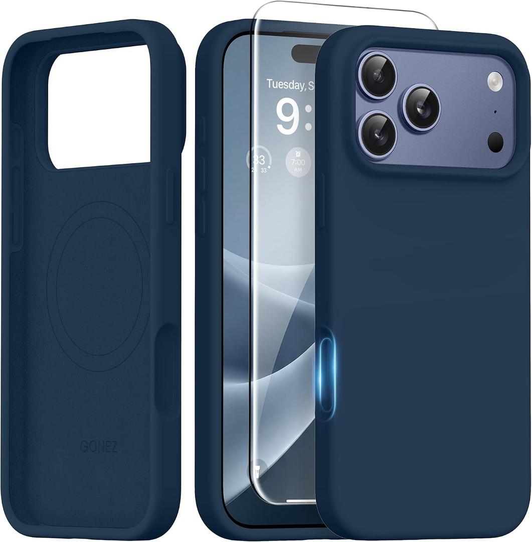 GONEZ Magnetic for iPhone 17 Pro Max Case, [Compatible with MagSafe] Anti-Scratch Microfiber Lining & Screen Protector, Silicone Camera Control, Shockproof Slim Phone Cover 6.9 inch, Dark Blue