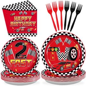 Grencian 96Pcs Race Car Two Fast Decorations 2nd Birthday Party Plates and Napkins Racing Themed Disposable Tableware Set for 2 years old Boys Transportation Birthday Party Serve 24