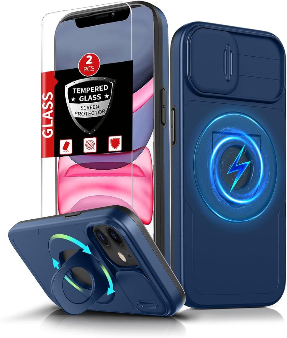 for iPhone 11 Case/for iPhone XR Case Magnetic Compatible with MagSafe Wireless Charging,with 2 Screen Protectors,with Kickstand Ring+Camera Cover Shock-Absorbent Heavy Duty Protection Blue