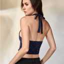 MakeMeChic Women's Striped Halter Tops Tie Backless Open Back Draped Front Crop Tank Top (Blue, L)