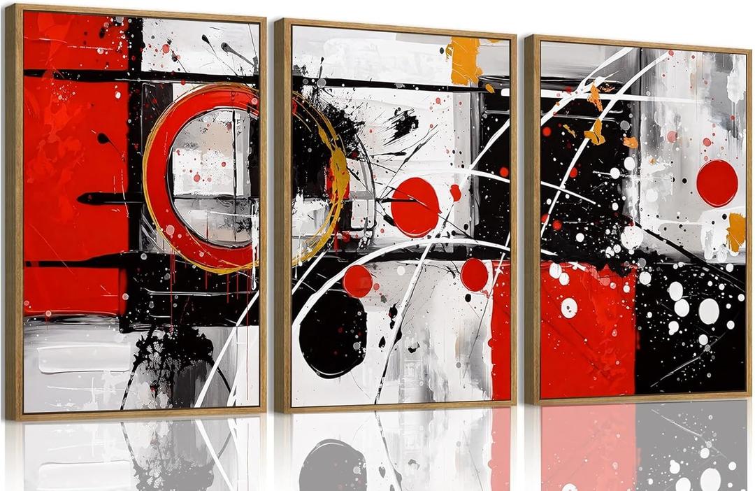 OIQArtOIQ 3 Piece Large Abstract Canvas Wall Art For Living Room Red Black Grey Framed Wall Art Modern Minimalist Luxury Energizing Aesthetic Art Prints Artwork For Bedroom Office Dining Room 12x16 in