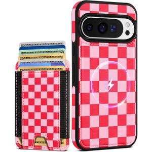 Shorogyt for Google Pixel 9/9Pro Cute Kawaii Leather Phone Case - Compatible with Magsafe Wallet Magnetic Credit Card Holder Fashion Grid Design Phone Cover for Women Girls, Fits 7 Cards