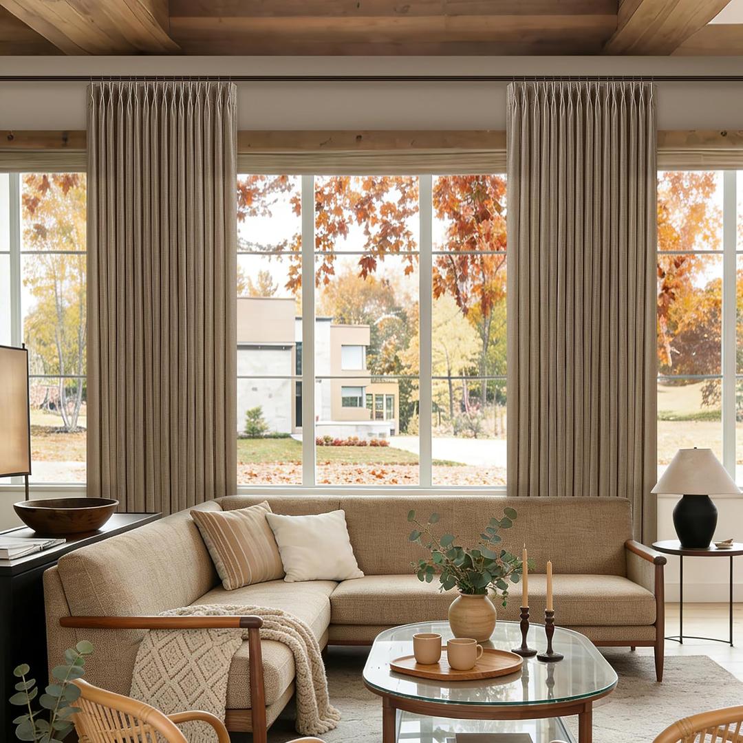 Dutch Cocoa Pinch Pleated Linen Curtains 112 Inches Long 2 Panels Set for Living Room Bedroom Memory Trained Semi Sheer Privacy Pleat Drapes with Hooks Rings 112 Inch Light Filtering Window Curtain