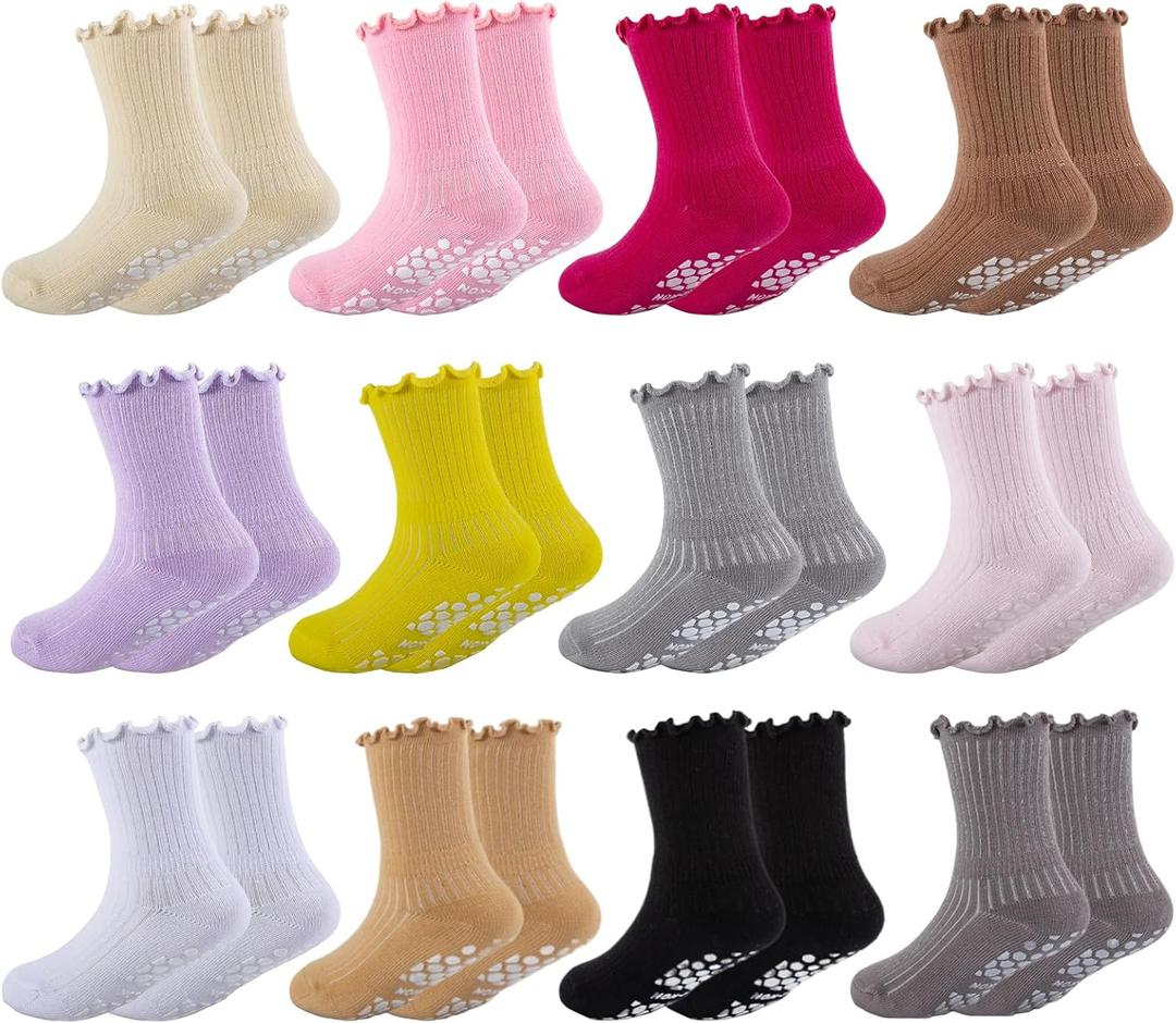 Baby Girls Toddler Ruffle Grip Socks Kids Non Slip Cute Frilly Cotton Crew Socks Uniform School Dress Sock 12 Pairs