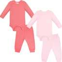Comfort Baby Outfit Set: Soft Bodysuits and Pants Layette Set, 4-Piece Unisex Baby Clothes Gift for Boys Girls (Pink, M)