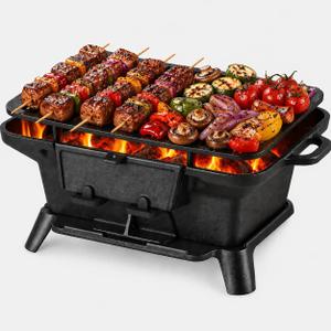 Hibachi Grill Outdoor, Portable Mini Charcoal Grill, Pre-Seasoned Cast Iron, Small Japanese Yakitori Tabletop Skillet Grill Stove for Outdoor Camping