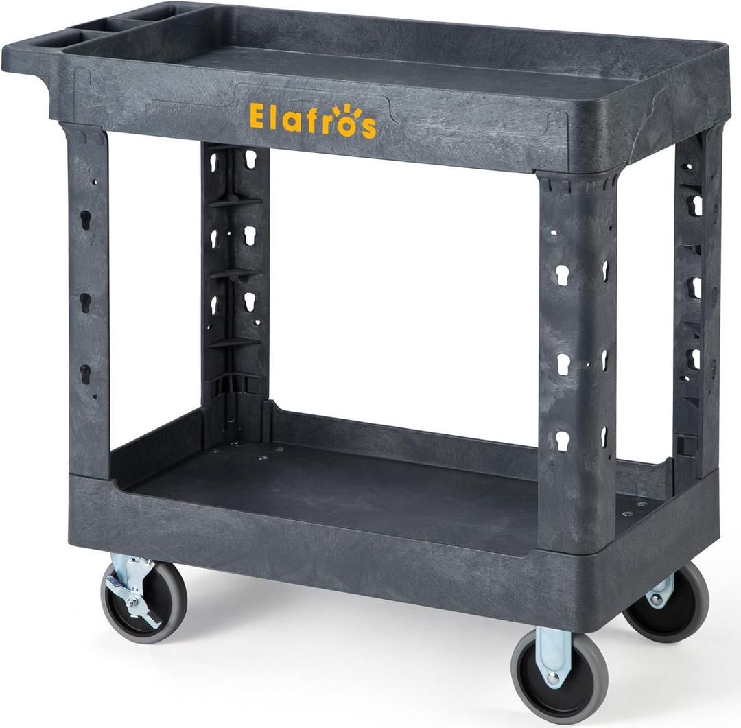 ELAFROS Heavy Duty Plastic Utility Cart 34 x 17 Inch - Work Cart Tub Storage W/Deep Shelves and 2 Fixed 2 Swivel Wheels Safely Holds up to 550 lbs - 2 Tier Service Cart for Warehouse,Garage, Gray