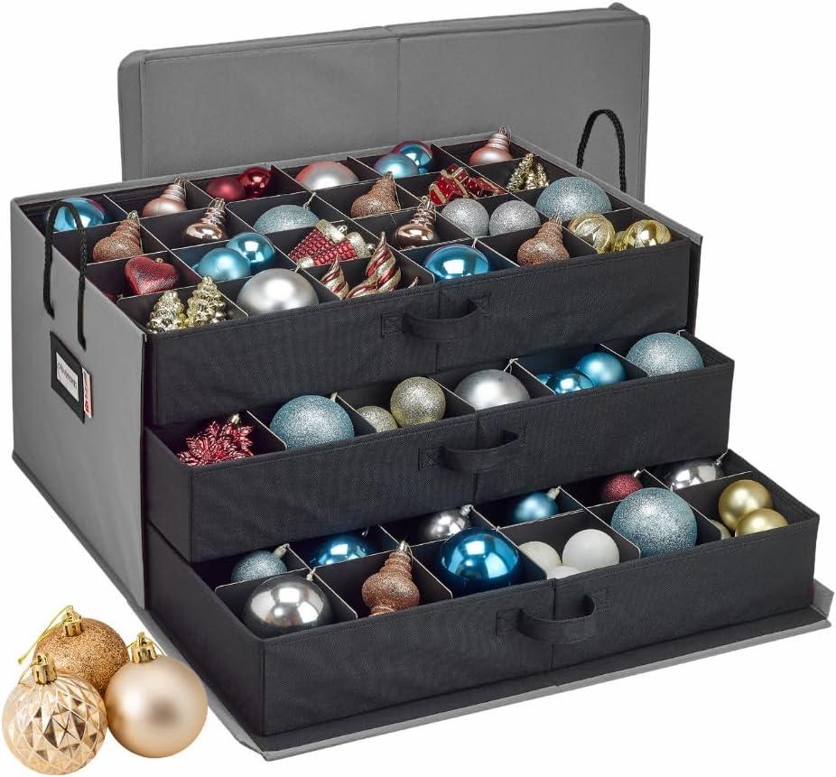 HOLDN STORAGE Christmas Ornament Storage Box with Dividers, Holds Up to 72 Ornaments (4 Inches), Large Organizer with 3 Stackable Trays - Gray