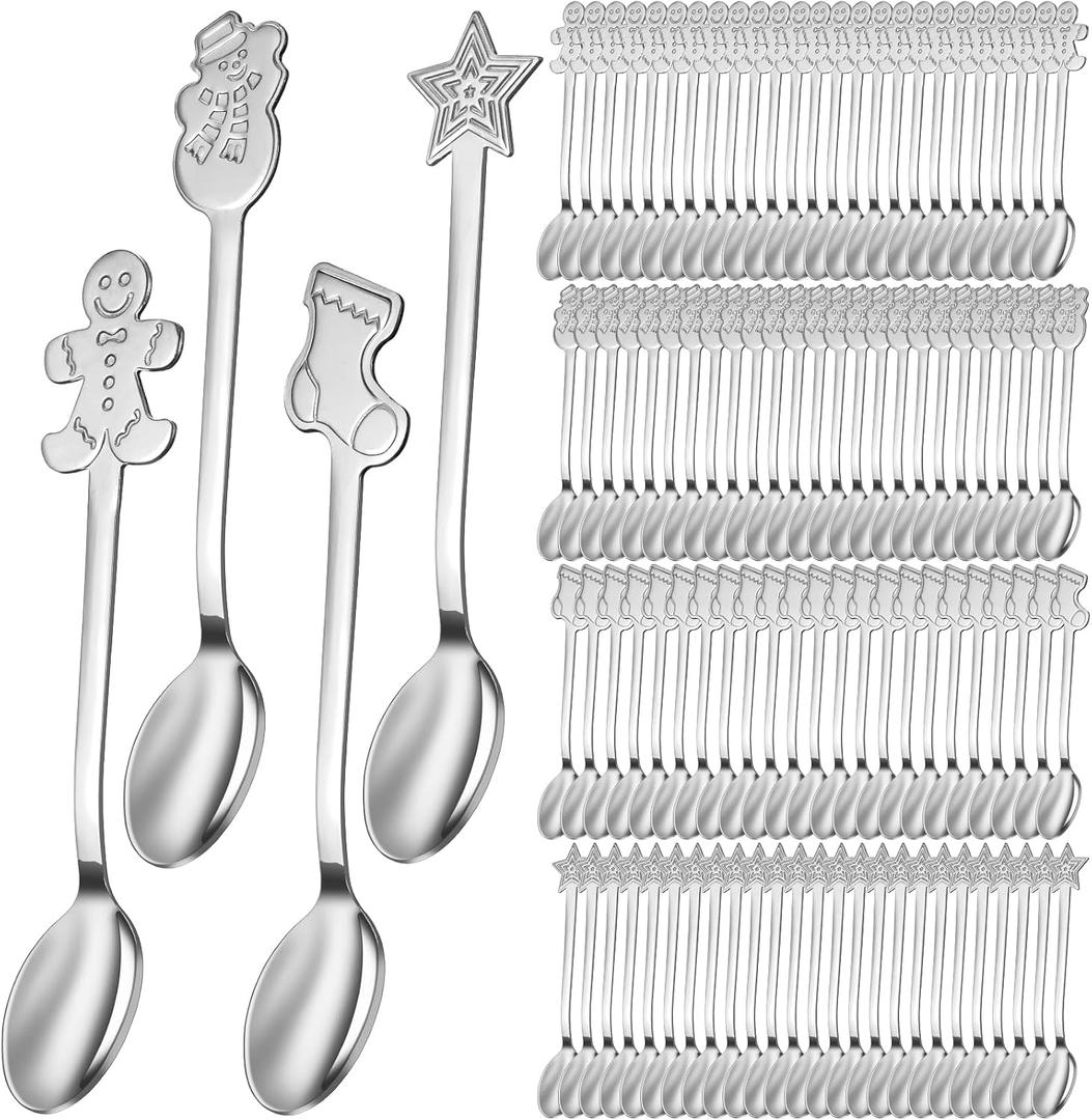 Gerrii 100 Pcs Christmas Spoons Stainless Steel Christmas Stirring Spoon Creative Mixing Coffee Tea Spoon Fancy Mini Dessert Spoons for Drinks Soup Hot Tea Xmas Party Supply, 4 Styles (Silver)