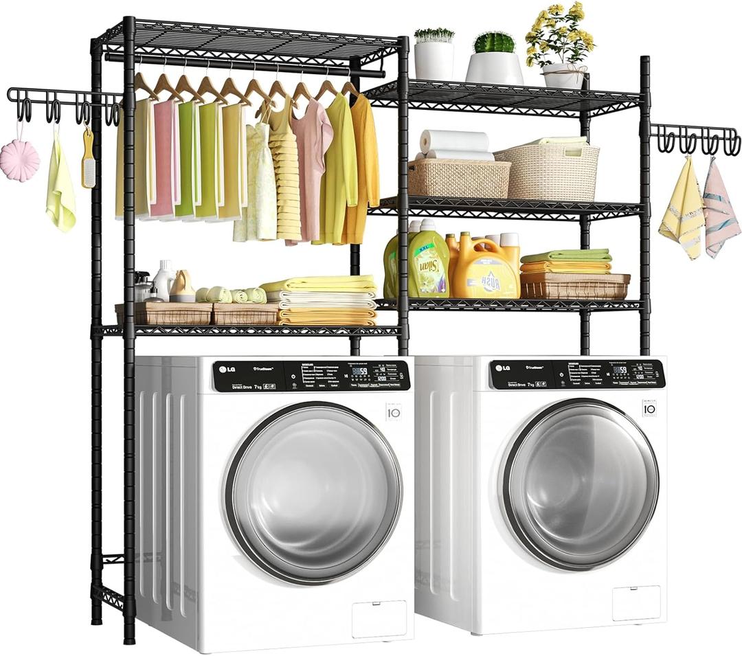 Ulif 65.3" W x 13.4" D x 77.5" H Clothes Drying Rack, 5 Tiers Over Washer and Dryer Laundry Room Storage and Organizer, Heavy-Duty Space Saver, Black, Large: 65.3W x 13.4D x 77.5H
