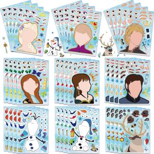 36Pcs Frozen Party Favors Stickers, Make Your Own Stickers for Kids Make a Face Sheets, Fun Gifts for Kids Birthday Party Supplies Mix and Match Sticker Bday Party Favor Decorations for Girls