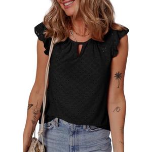 EVALESS Womens Summer Sleeveless Tank Tops Crewneck Ruffle Sleeve Eyelet Shirts Blouses L