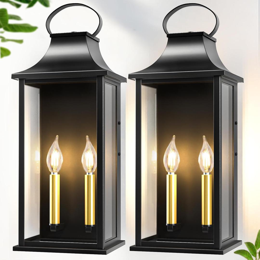 21" Large Outdoor Wall Lights 2 Packs, Black Exterior Lighting Fixtures Outdoor Sconce Light with E12 Base, 2-Light Outdoor Lanterns for Porch, Waterproof Outside Lights for House, Garage, Patio