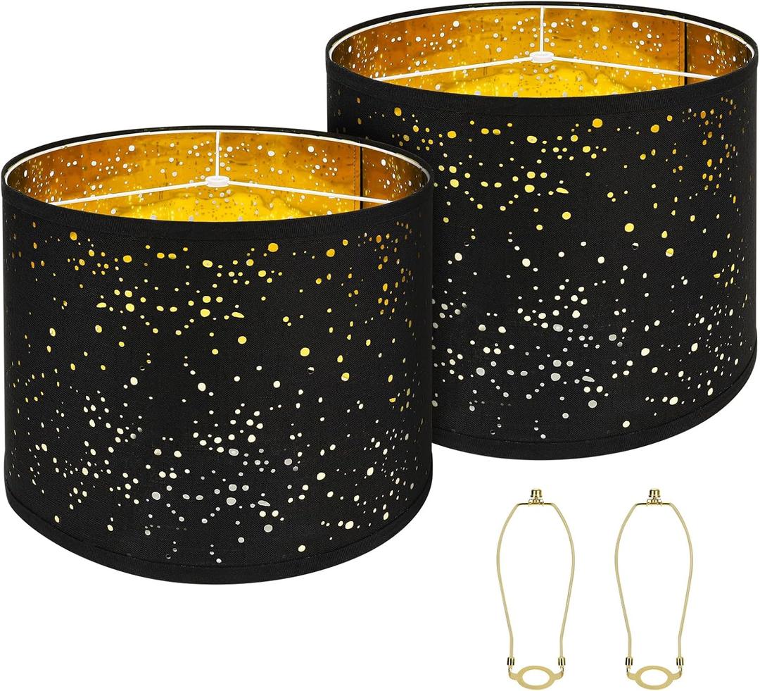 Large Lamp shades Set of 2 Starlight Light Effect Drum Lamp shades 15" Top x 15" Bottom x 12" High,Spider Fitter, Come with 10" Gold Lamp shade holder set of 2 Easy Assembly Required Black (15"X15"X12")