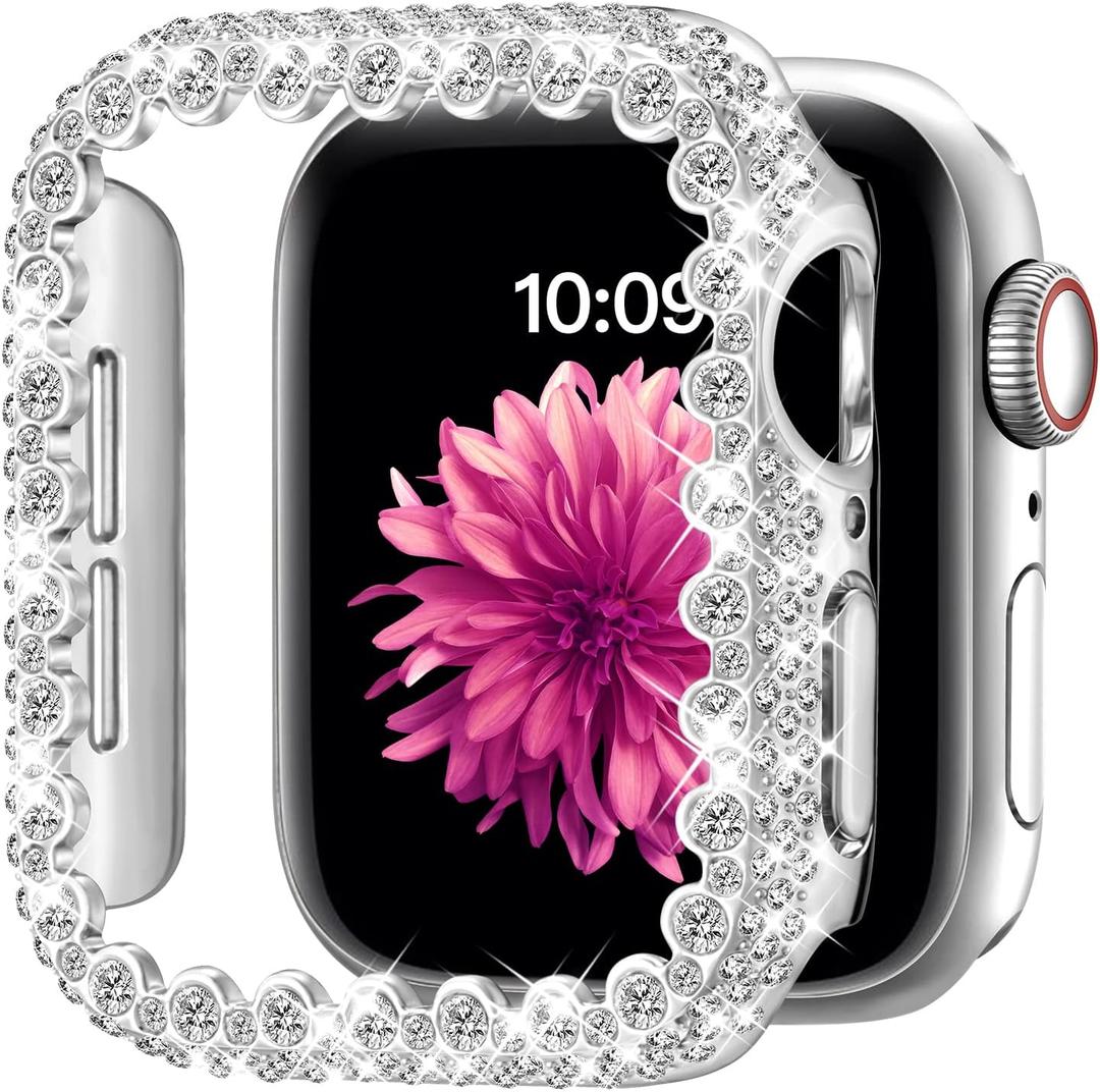 Bling Bumper Case Compatible with Apple Watch Series 9/8/7 41mm, Diamond Protective Face Cover for Women, Hard PC Frame Protector for iWatch 41mm (Silver)