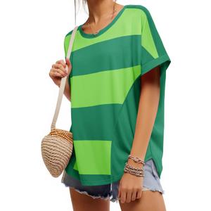 Tankaneo Womens Summer Tops Striped Oversized Short Sleeve Crew Neck Color Block Casual T Shirts Loose Basic Tee Blouses (Green, L)