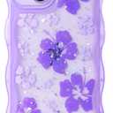 NITITOP Compatible with iPhone 15 Case Cute Clear for Women Girls Flower Floral Bling Glitter Sparkling Star Wave Curly Frame Soft TPU Shockproof Camera Protective Cover - Purple