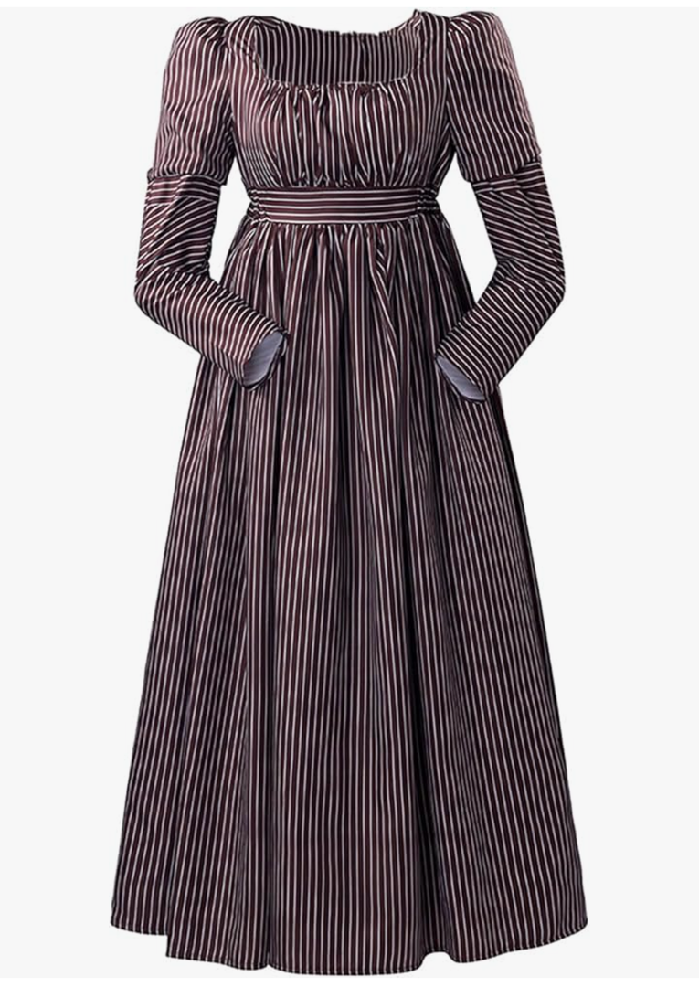 Regency Dress for Women Empire Waist Regency Era Costume Victorian Tea Party Brown Striped Ball Gown Size XS