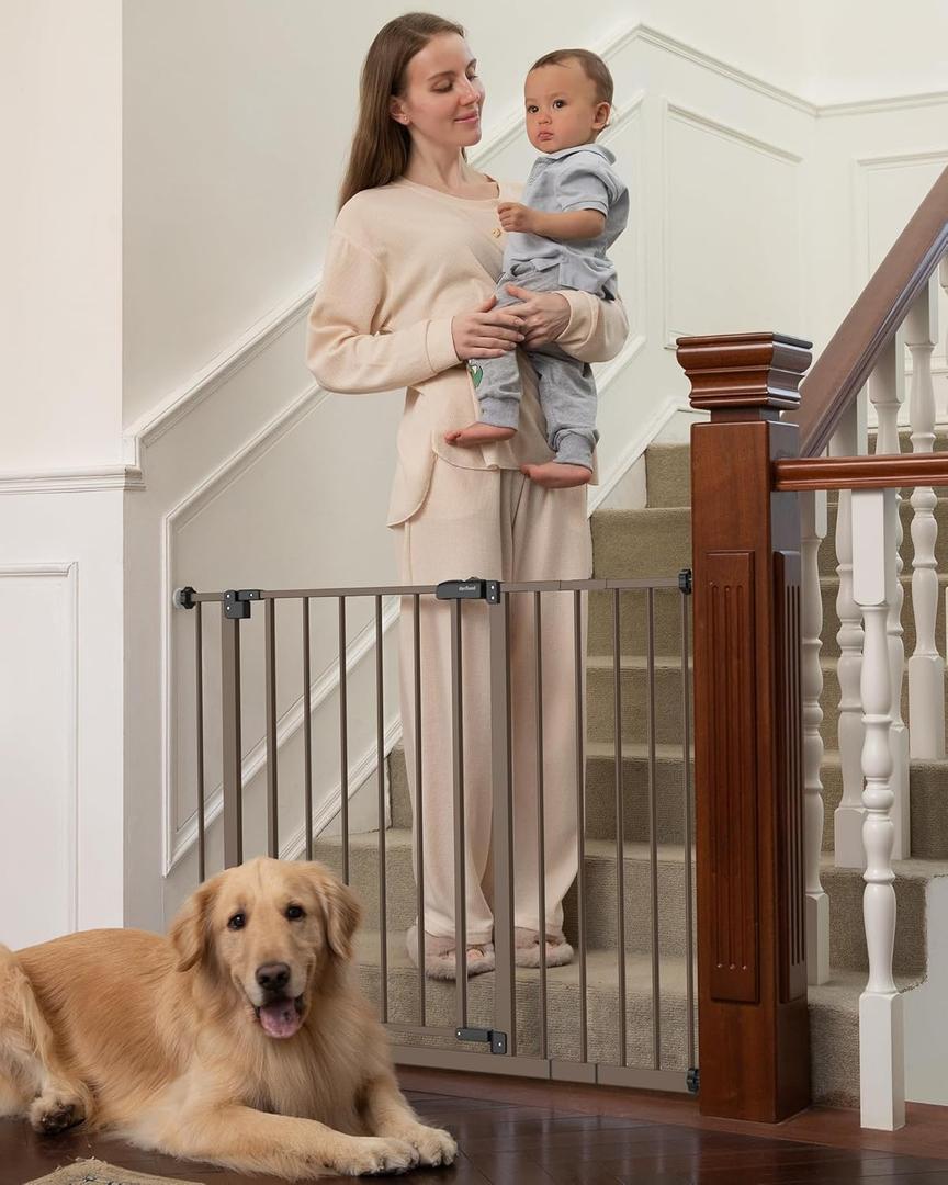 InnoTruth 29.540.75" Baby Gate for Stairs, 30" Tall Dog Gates for Doorways & Hallways, Safety Gate for Kids & Pets, Pressure-Mounted Walk-Through with Dual Lock & 2-Way Swing, Brown