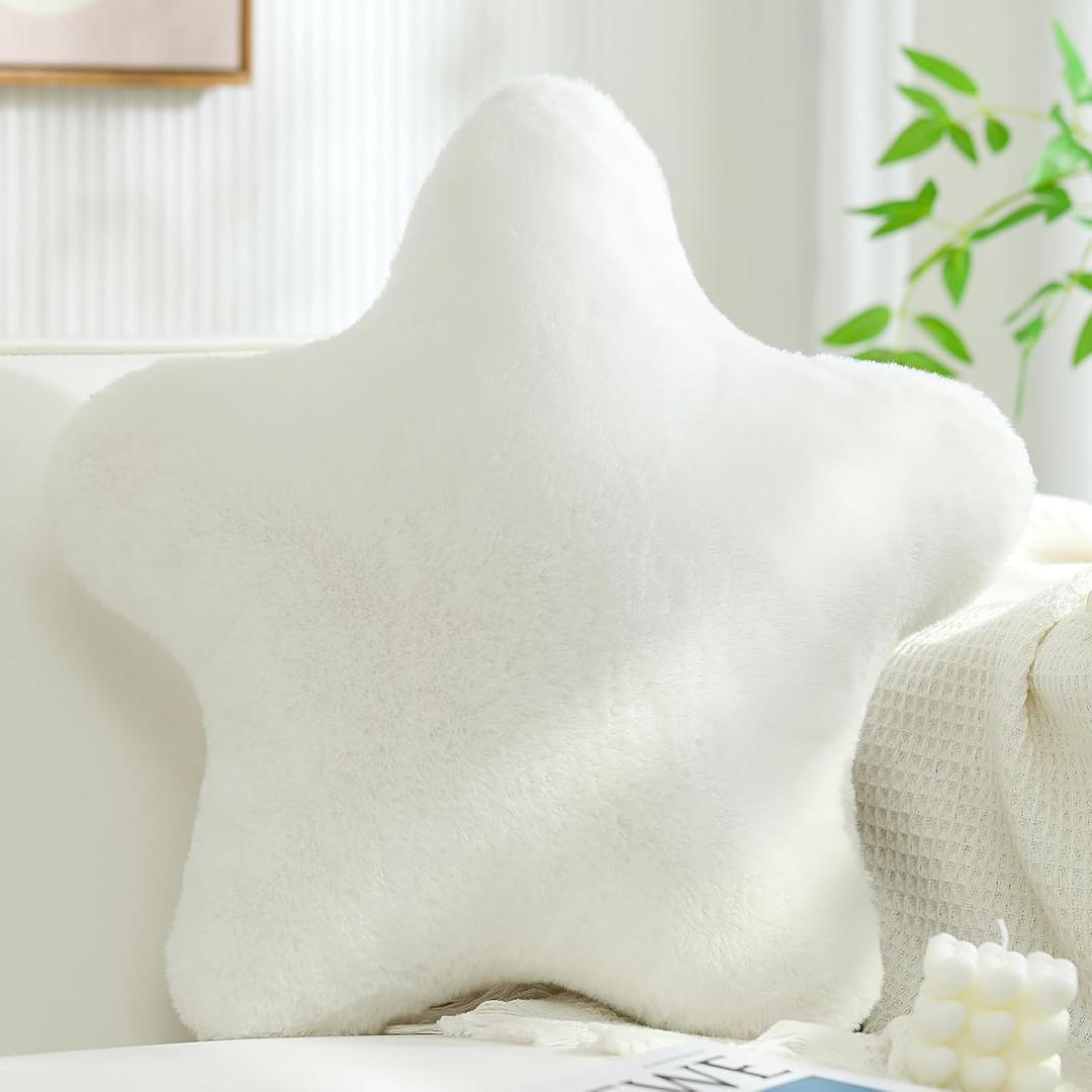 YRXRUS Star Pillows, White Star Shaped Pillow, Mother's Day Decorative Throw Pillow Gifts, Cute Plush Room Decor, Fluffy Faux Rabbit Fur 14"x14"Pillows for Living Bedroom