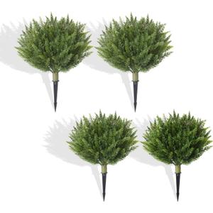 Set of 4 Artificial Cypress Topiary Shrubs, 20" UV-Resistant Faux Cedar Outdoor Plants with Ground Spikes  Realistic Green Bushes for Porch, Patio, Garden, and Yard Dcor (4pcs Cyress Tree)