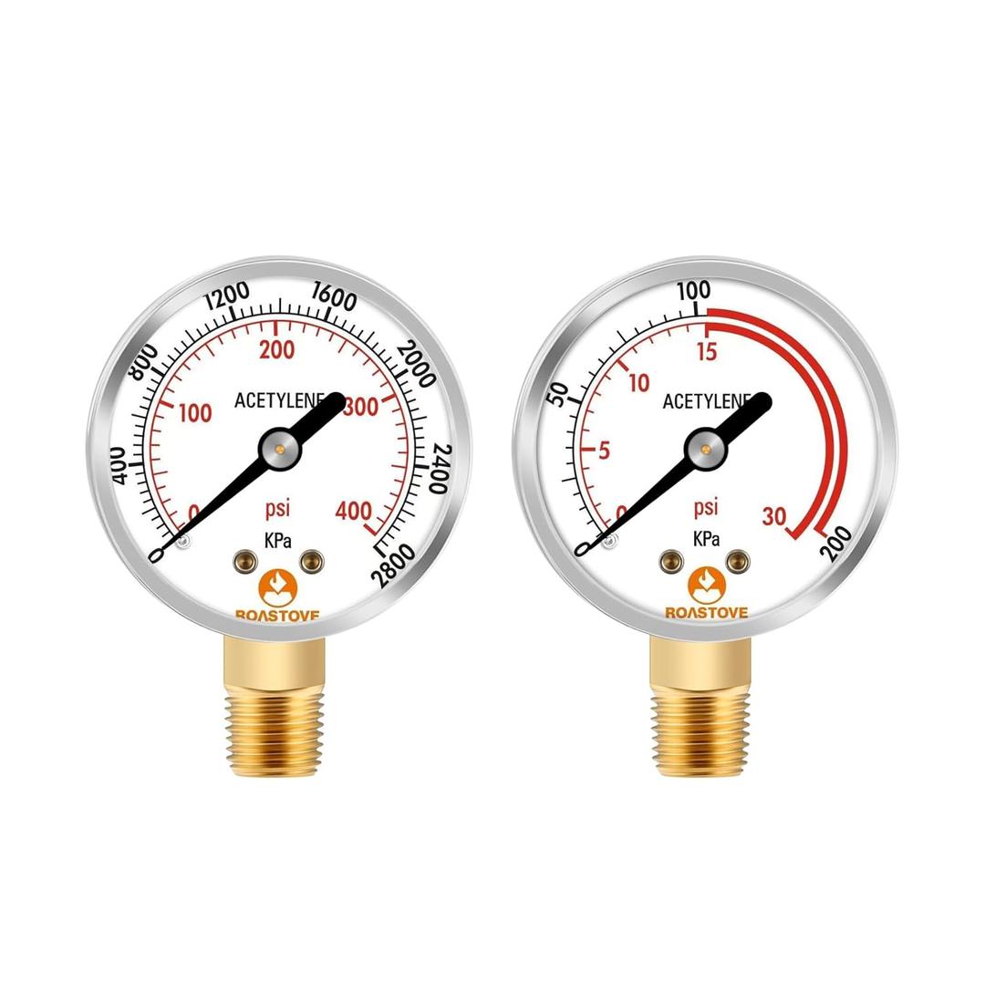 Roastove Low and High Pressure Gauges for Acetylene Regulator 0-30 psi & 0-400psi - 2 inches - 1/4" NPT Thread