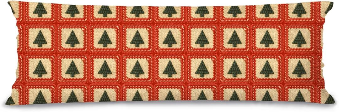 Green Christmas Tree Body Pillow Cover 20x54, Vintage Red and Green Christmas Tree Crochet Pattern Long Body Hug Pillow Pillowcase for Bed Couch Kids Adults
