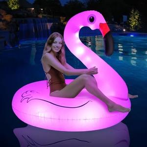 Inflatable Flamingo Pool Floats with Lights, FlyfreeU Solar Powered Flamingo Swim Tube Rings, 42'' Lake Beach Floaties Swimming Rings Summer Pool Raft Lounger for Adults Water Party Supplies.