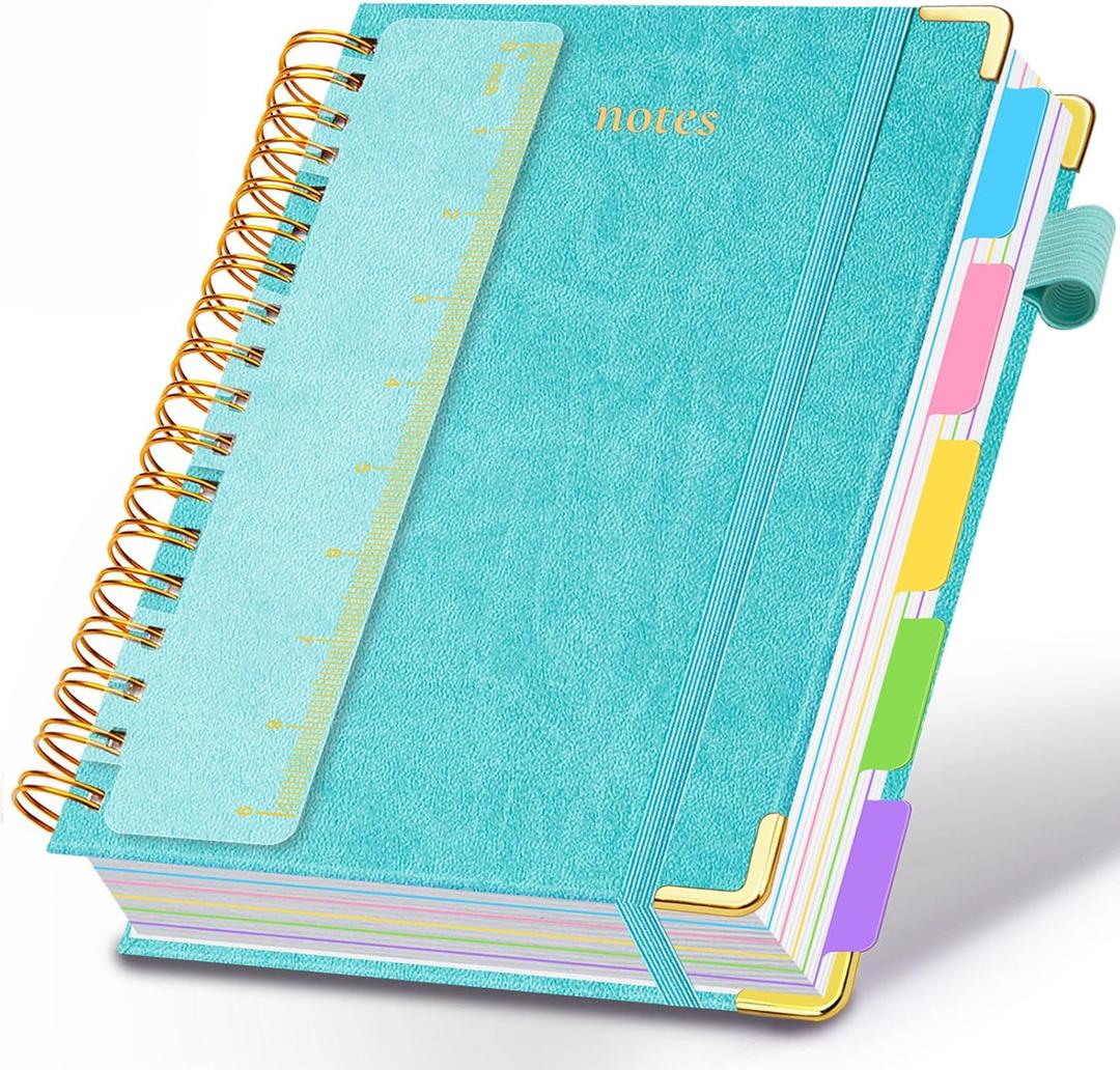 Hardcover Spiral Notebook 8"x10" Journal Notebook with Tabs and Removable Dividers 300 Pages 5 Subject Notebook College Ruled, Faux Leather Spiral Bound Notebook for Women School Work (Blue)