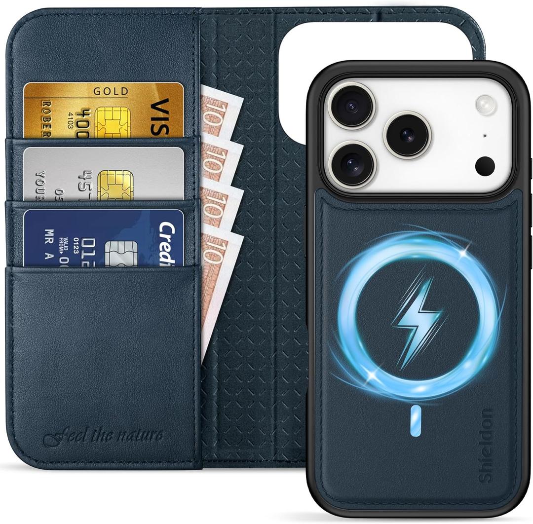 SHIELDON Genuine Leather Detachable Wallet Case for iPhone 17 Pro 6.3", RFID Blocking Credit Card Slot, Flip Magnetic Closure, Wireless Charging, Removable Shock Absorbing Cover - Dark Blue SHIELDON Genuine Leather Detachable Wallet Case for iPhone 17 Pro 6.3", RFID Blocking Credit Card Slot, Flip Magnetic Closure, Wireless Charging, Removable Shock Absorbing Cover - Dark Blue