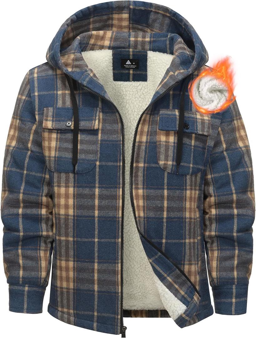 Mens Flannel Hoodie Jacket Fleece Lined Flannel Shirt Plaid Zip Up Sherpa Hooded Sweatshirt Warm Winter Coat (X-Large, #3 Blue Orange)