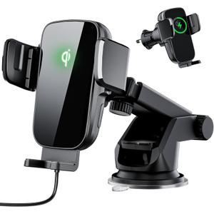 Car Phone Holder Charger, Qi 15W Fast Charging Wireless Car Charger Mount, Auto Clamping Dashboard Air Vent Windshield Accessories for iPhone 16 Pro Max/15/14/13, Samsung Galaxy S24 Ultra/S23