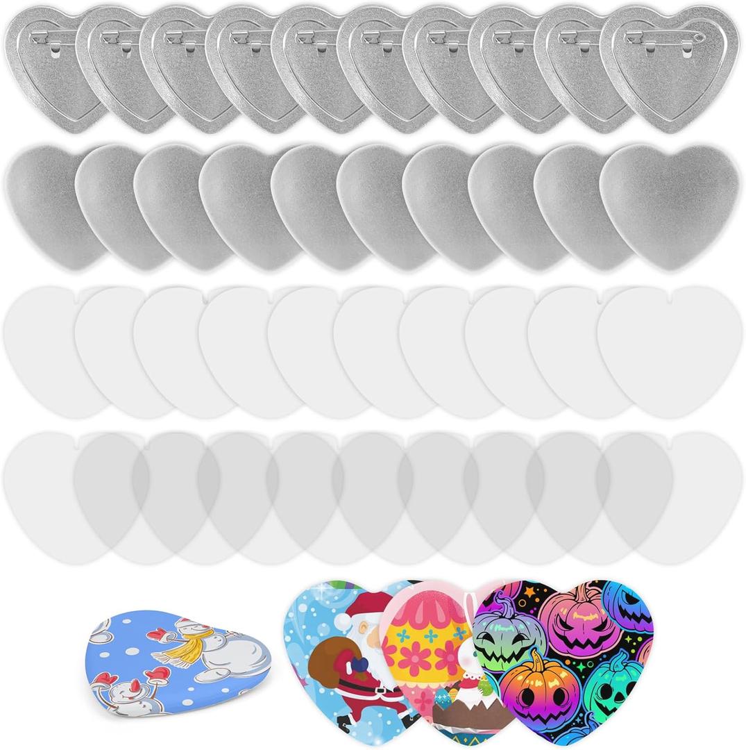 100 Pieces Heart Shaped Blank Button Maker Supplies for Button Maker Machine Heart Badge Pin Button Parts, Includes Metal Button Pin Back Cover, Metal Shell, Clear Film, Gasket, Blank Paper (HEART SHAPE/2.28X2.1INCH)