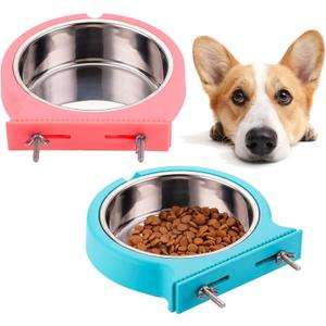kathson 2 Pack Crate Dog Bowl Removable Stainless Steel Water Food Bowl Hanging Pet Cage Coop Cup for Rabbit Cat Puppy Bird Bunny Small Animals