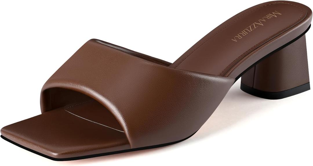 MIRAAZZURRA Heel Mules for Woman Square Open Toe Chunky Block Short Low Heel Slip on Heeled Sandals Casual Comfort Party Shoes (Brown,Size 6)