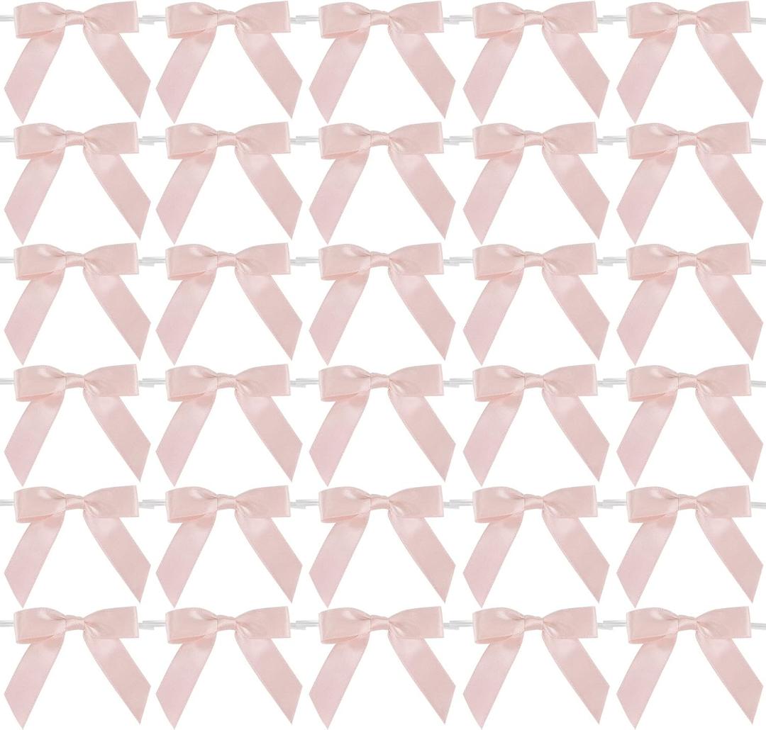 AIMUDI Small Rose Gold Bows 2.5" Pretied Satin Bows for Crafts Twist Tie Bows for Treat Bags Premade Mini Bows for Wedding Bridal Shower Bithday Baby Shower Decor - 50 Counts