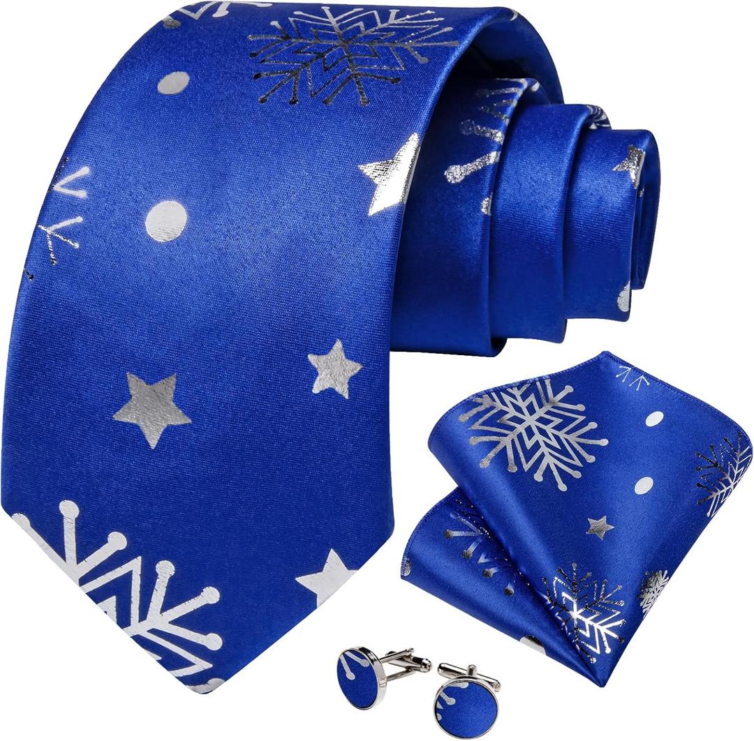 DiBanGu Christmas Ties for Men Snowflake Necktie and Pocket Square Festival Vacation Tie Handkerchief & Cufflinks Set Party (Blue Silver)