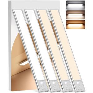 Under Cabinet Lighting Wireless, 4Pack Motion Sensor Light Indoor with 3 Color Temps, Dimmable Closet Lights Battery Operated, LED Magnetic Light, Rechargeable Under Counter Lights for Kitchen Home