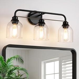 Mecgirn 3 Light Matte Black Vanity Lights for Bathroom, Bathroom Light Fixtures Over Mirror with Clear Glass Shade, Ceramic E26 Sockets Wall Mounted