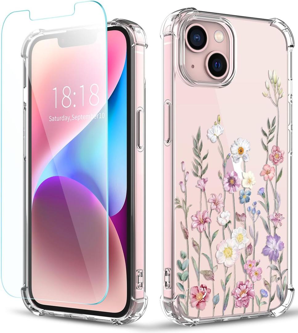 Compatible with iPhone 13 Case with Screen Protector, Flower Pattern Design, Floral Clear Women Phone Case Shockproof Protective Soft Bumper Cover 6.1 Inch 2021 (Blooming Flowerets)