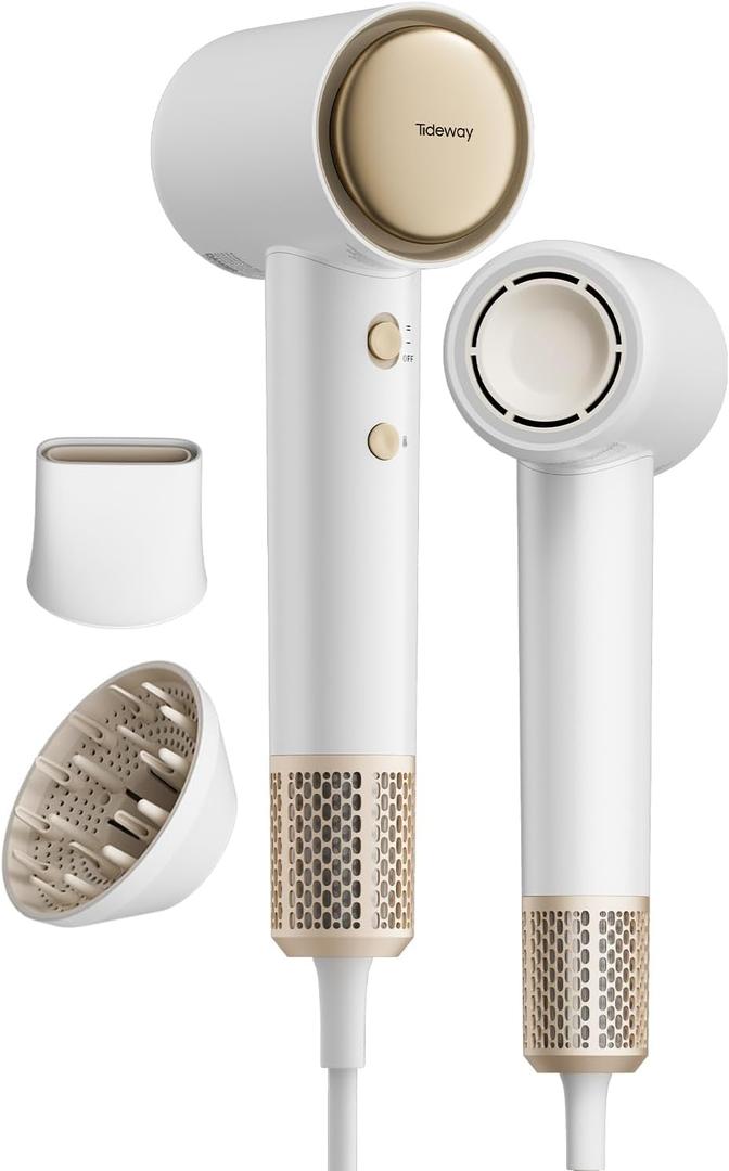 Tideway Hair Dryer, Blow Dryer with Diffuser, Ionic Professional HighSpeed 1500W LowNoise, 110,000 RPM Brushless Motor, Fast Drying, Travel Compact for Women & Men (Gold)