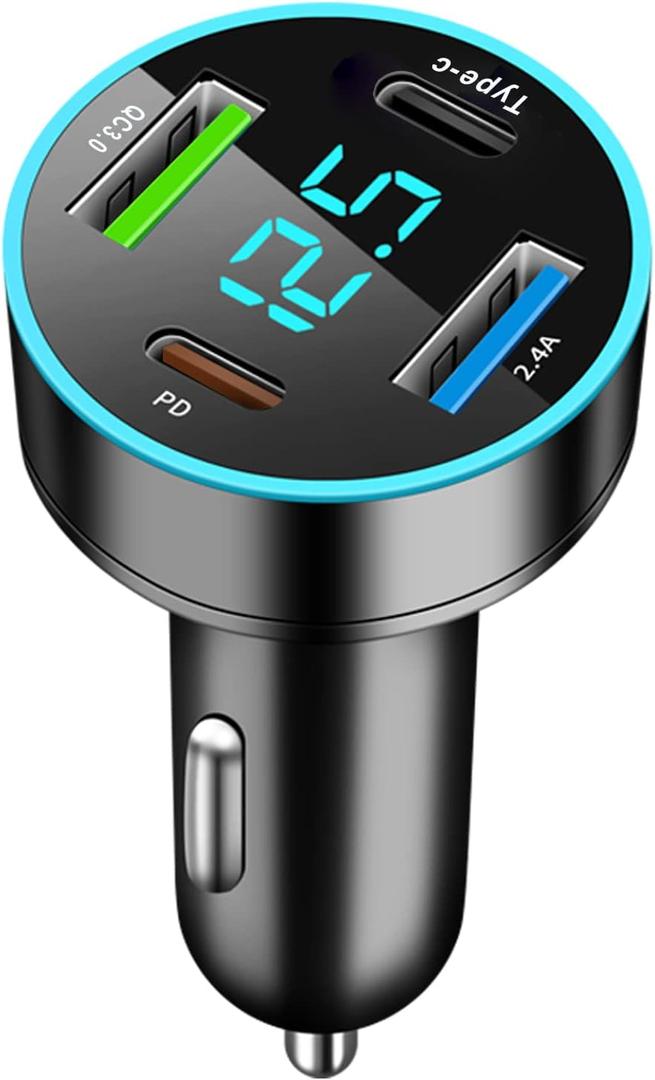 65W 4-Port USB Car Charger Adapter PD QC3.0 Cigarette Lighter Charger with LED Voltmeter for Samsung iPhone iPad