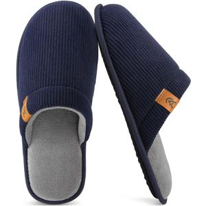 VeraCosy Men's Corduroy Scuff Slippers Soft Comfy Memory Foam Non-slip Indoor House Shoes (13-14, Dark Navy Blue)