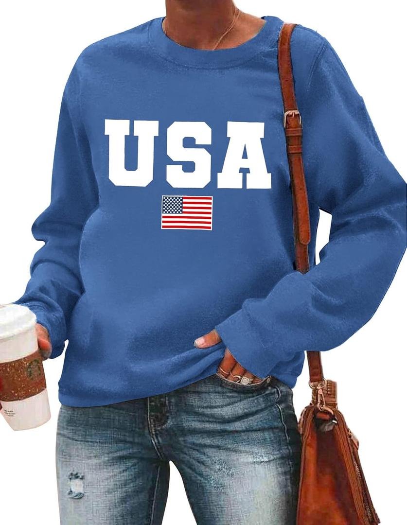 USA Sweatshirt Women American Flag Shirt Patriotic Tshirt Stars Stripes Pullover 4th of July Tee Tops (Small, Blue)