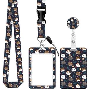 ID Badge Holder with Retractable Badge Reel Clip and Lanyard, Cute Card Name Tag Lanyard Vertical ID Protector Bage Clips for Nurse Doctor Teacher Student (Cute Cat Head)